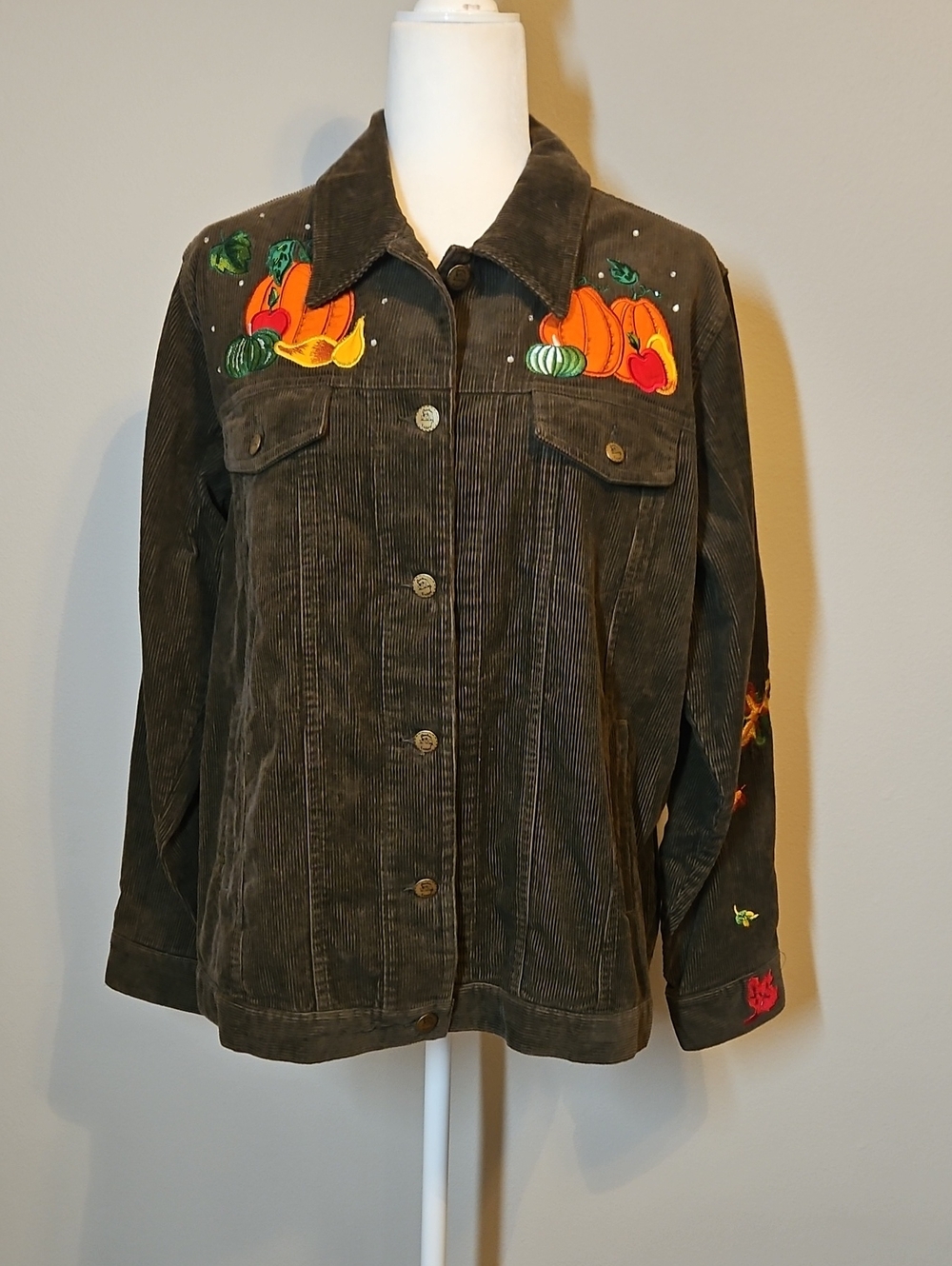 Women's Brown Corduroy Embroidered Pumpkin Jacket Halloween Fall